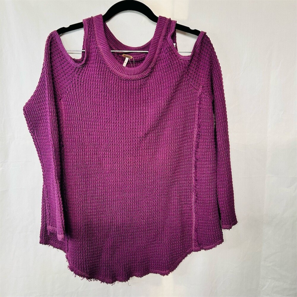 Free People Sweater Womens XS Purple Waffle Knit Cold Shoulder Tunic Top NWT - Picture 3 of 14